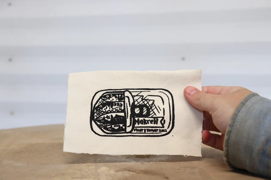 Tinned mackerel in tomato sauce screen printed onto a canvas patch